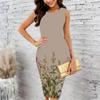 Women Plus Size Crew Neck Sleeveless Midi Dress Vivid Oil Painting Sunflower Floral Print Bodycon Dress