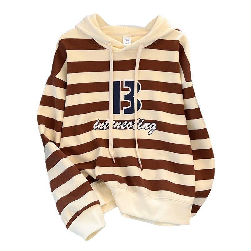 New Autumn Winter Hooded Plush Sweatshirt for Women Fashion Printed Long-sleeved Jacket Loose Striped Top Ins Trendy