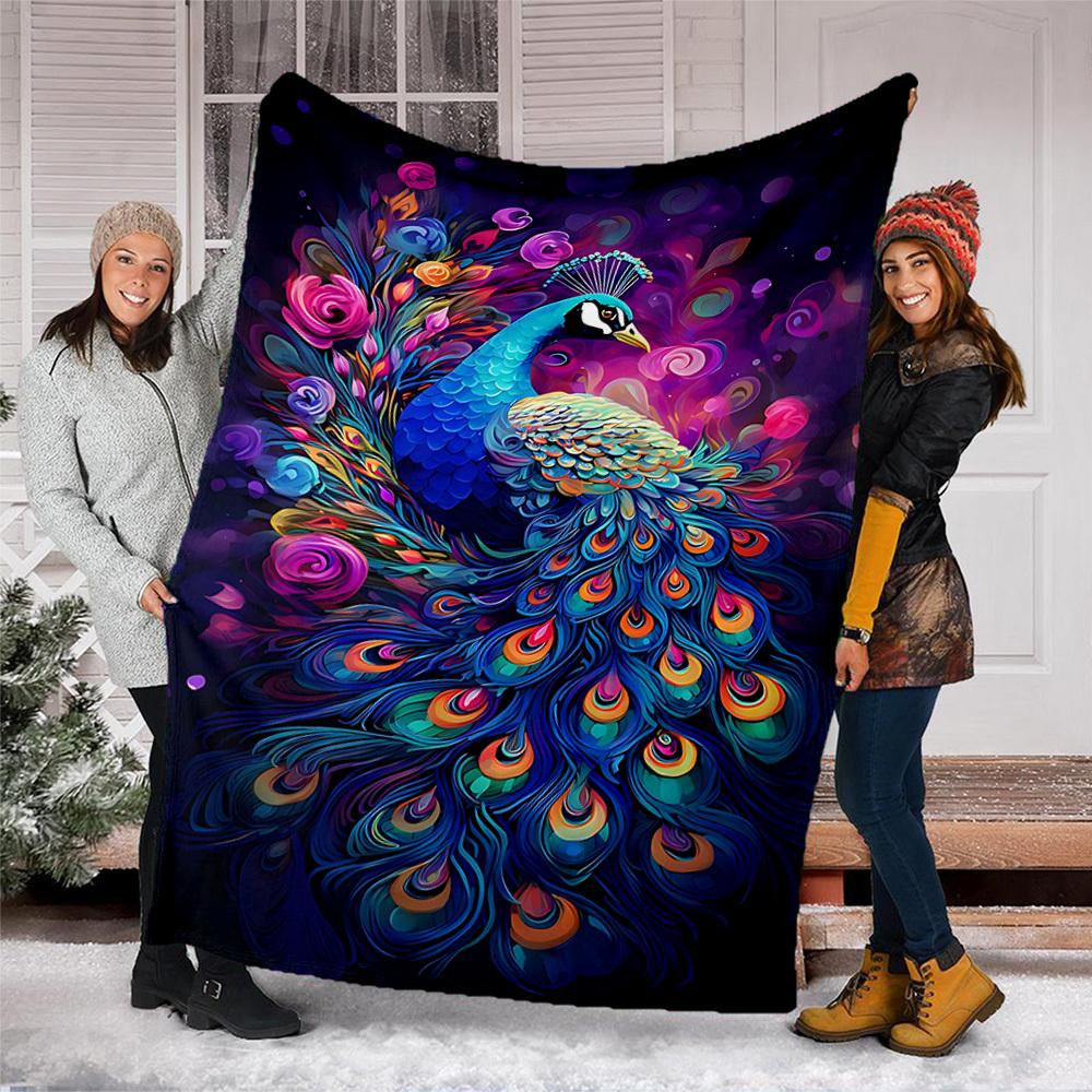 1pc Peacock Feather Artwork Throw Blanket Polyester Fiber, Lightweight Flannel, Soft & Warm, All Season Use for Outdoor, Camping Digital Print