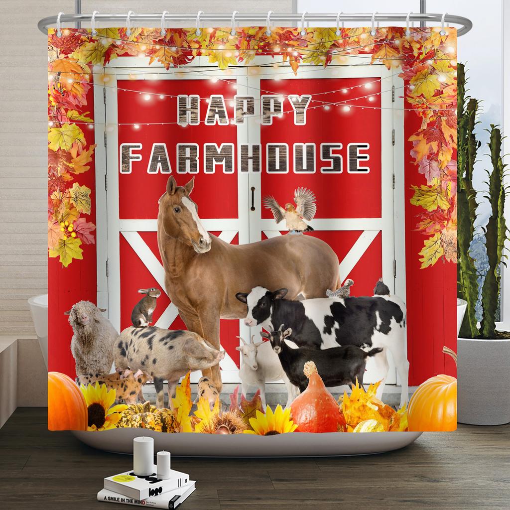 Bauernhoftiere Duschvorhang Niedlich Lustig Kuh Huhn Schwein Blume Pferd Holz Bauernhaus Scheune Rustikal Duschvorhang für Badezimmerdeko