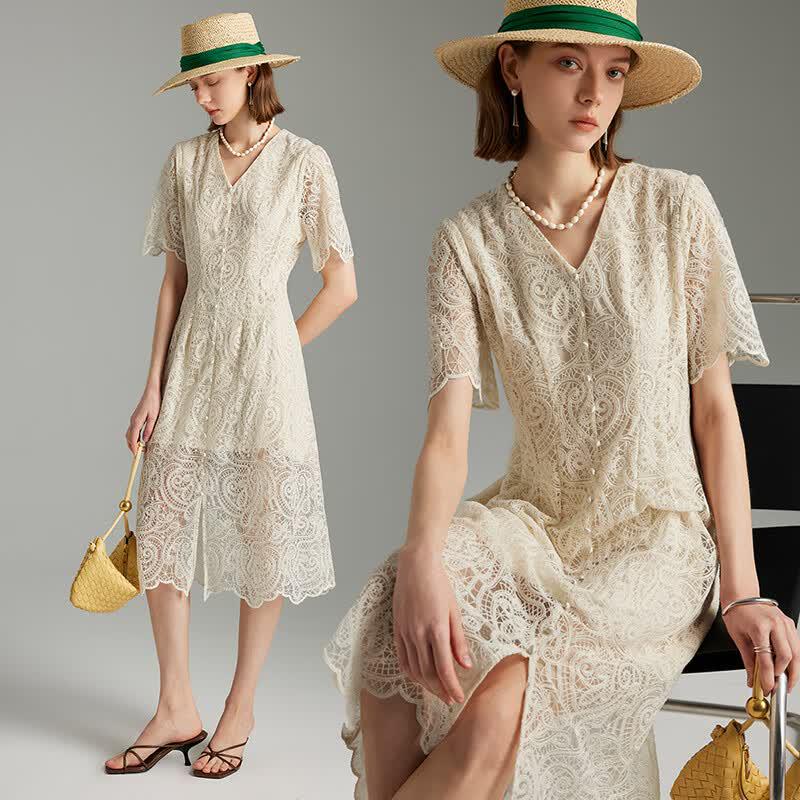 Elegant French V-Neck Lace Hollow-Out Midi Dress L
