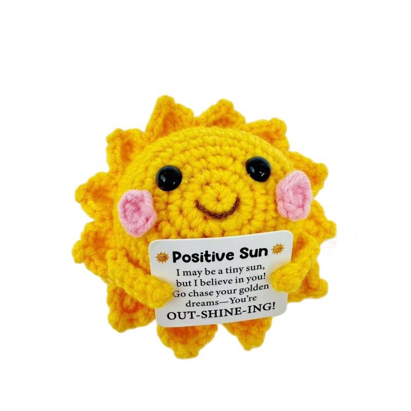 

122415 Funny Positive Crochet Sunshine Desktop Ornament Handmade Emotional Support Positive Sun Doll with Card Christmas Decor
