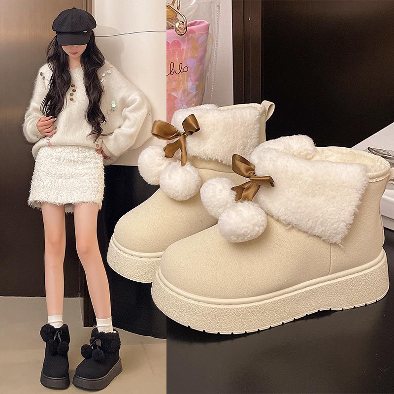 Cute Hairball Bow Thick-soled Snow Boots Women's Winter Warm Cotton Shoes Women's Hairy Mouth Short Boots Women's Large Size