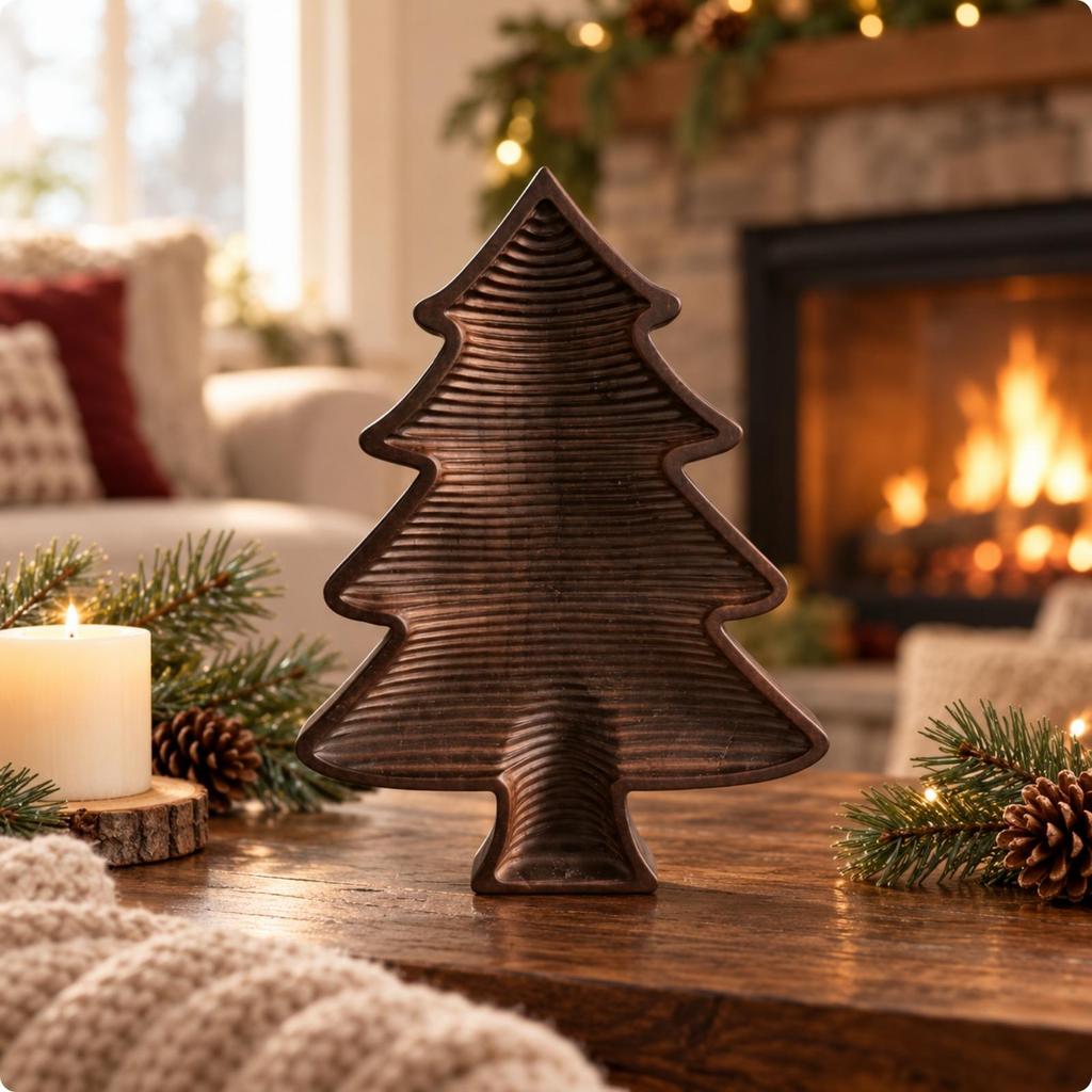 Christmas Tree Shaped Wooden Serving Tray Handcrafted Festive Wood