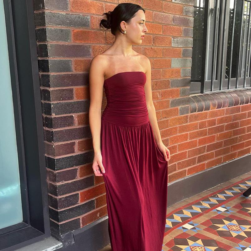 Abito Maxi Donna Senza Spalline a Tubo Vita Arricciata Colore Unico Svasato Lunghezza Pavimento Estivo Casual Vacanza al Mare Abito Lungo