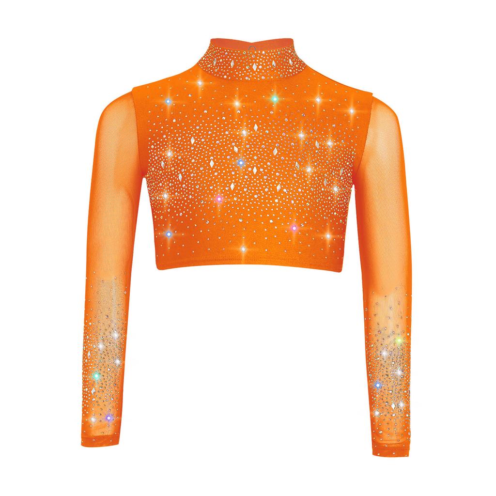 Dívčí průhledný síťovaný crop top s dlouhým rukávem a rolákem, lesklé kamínky, klíčová dírka vzadu, kostým pro lyrický tanec