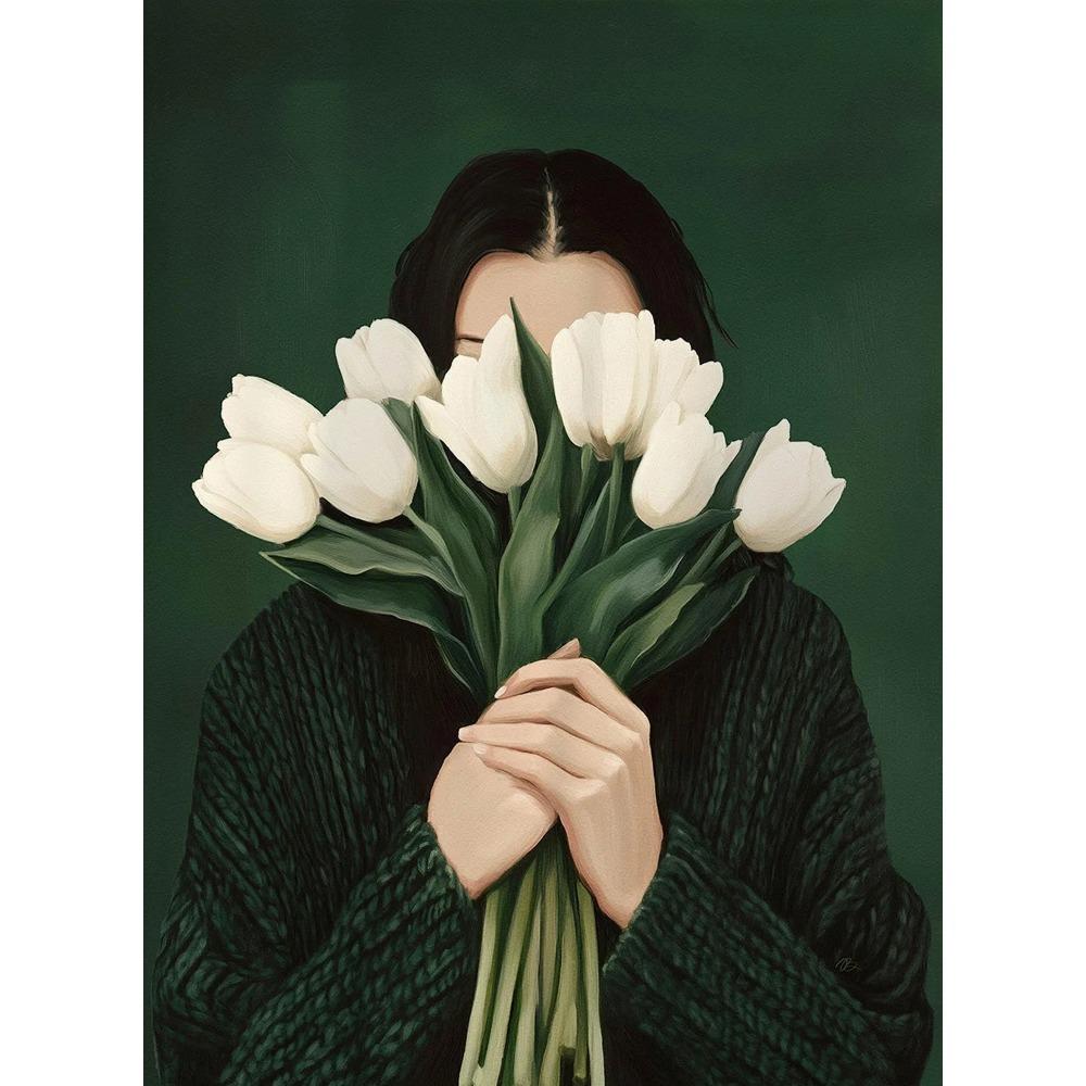 Abstraktes Frauen-Minimalismus-Poster Leinwand-Wandkunst Frau mit Blume Porträtmalerei Druck für Schlafzimmer Nordisches Mädchen Wohnkultur