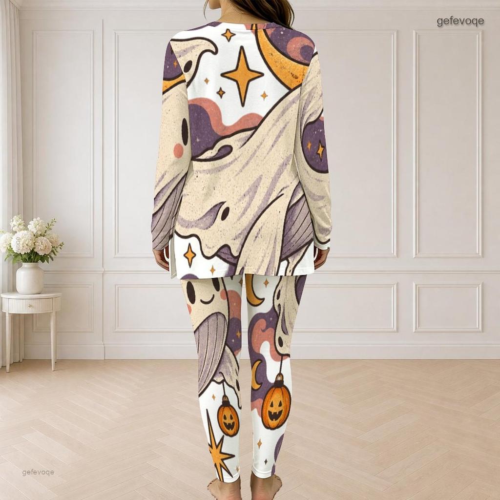 Women Plus Size White Halloween Ghost Printed Two Piece Set Half Zip Long Sleeve Top And Fitted Pants