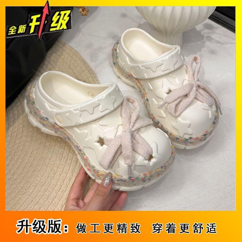 Fashion Platform Fairy Wind Bow Hole Shoes Girl Heart Cute Beach Cool Slippers 2025 Summer New