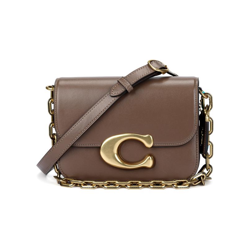 Coach IDOL 21 Gold Logo Logo Chain Magnetic Buckle Closure Flap Cow Leather Messenger Bag Hand Shoulder Bag Small Size Women's Dark Stone Gray