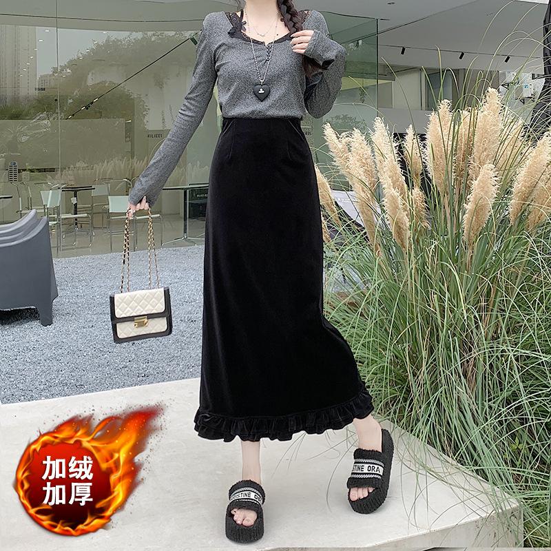 

After autumn and winter, open-ended fungus lace velvet skirt, long women s super good-looking straight stacked wear velvet thickened winter skirt 3XL