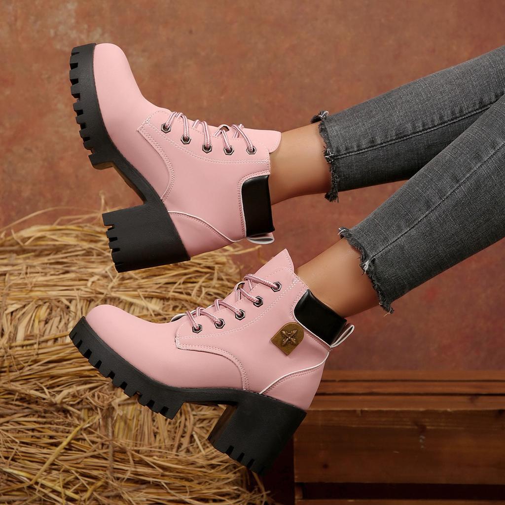 2025 New Short Heel Elegant Women's Lace-up Non-Slip Ankle Boots