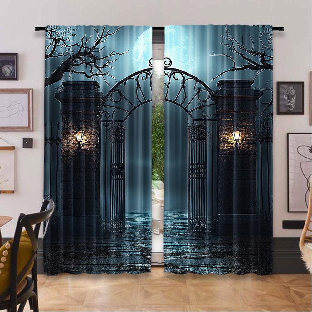 2Pcs Horror House Curtain Moon Halloween Historical Gate Gothic Candles Wall Lamp For Living Room Bedroom Dining Room