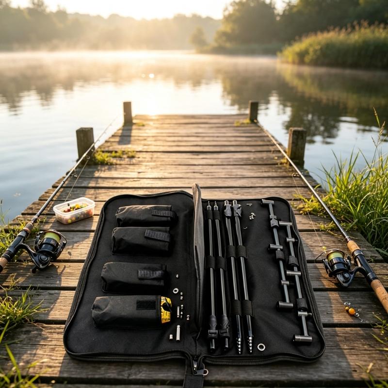 Oxford Cloth Fishing Bites Alarm Carrying Case, Foldable Bankstick Organizers with Four Internal Sleeves and Strap for Separated Tackle Storage