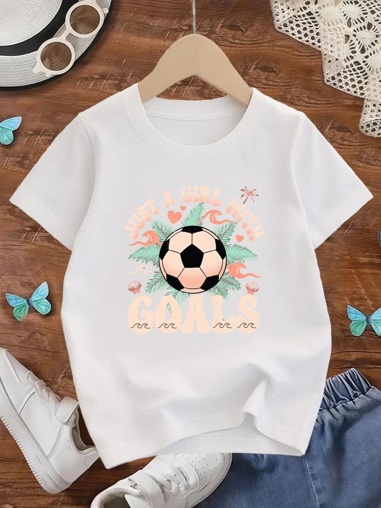 Girls Short Sleeve T Shirt Just A Girl With Goals Soccer Tropical Leaf Print Crew Neck Kids Summer Casual Sports Tee Top