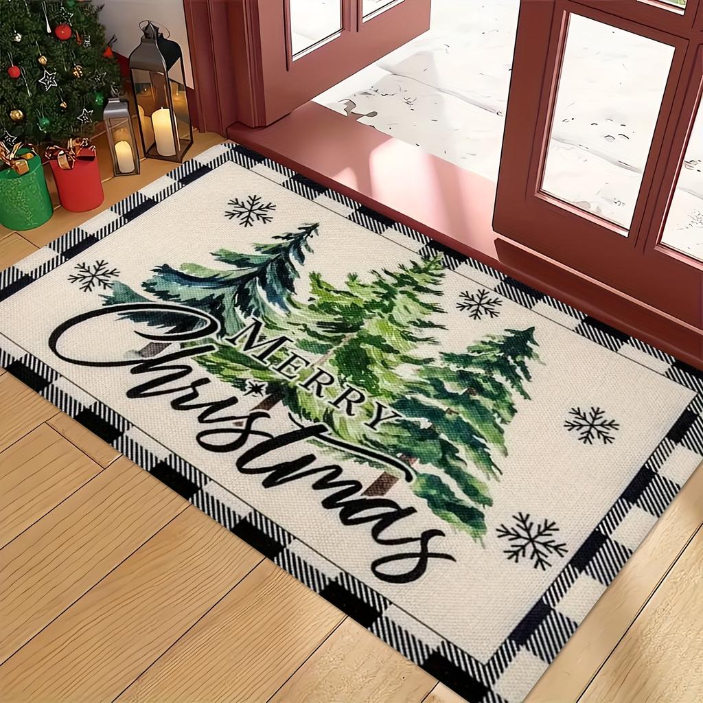 Christmas Tree Gift Print Thickened Doormat, Farmhouse Country Style Flannel Rug for Indoor Outdoor Multi-Room Decor
