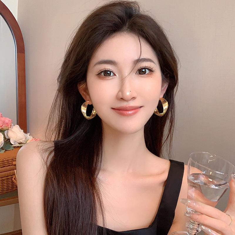 Metal retro Hong Kong style large circle earrings niche design studs high-end earrings women