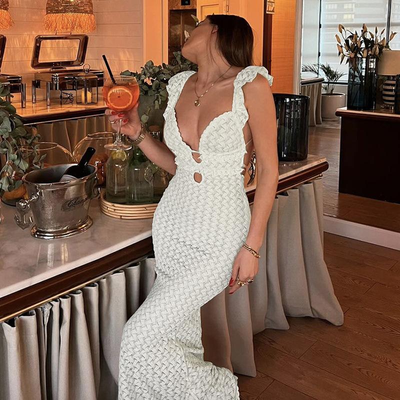 Spring and Summer European and American Style Women's Clothing New INS Pure Desire V-neck Backless Lace-up Hollow Slim Dress for Women