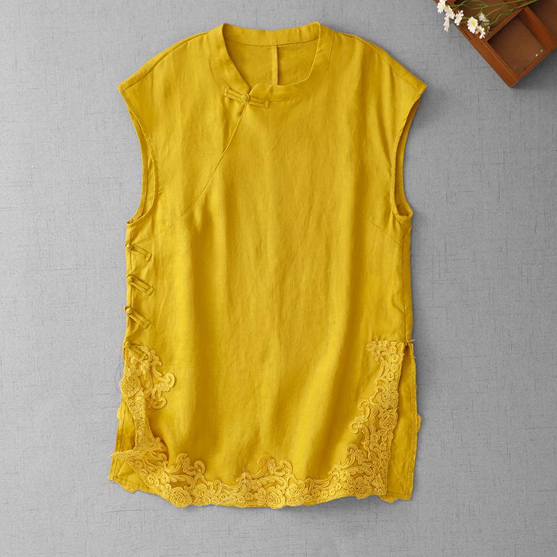 2026 European-Style Elegant Sleeveless Linen Vest with Chinese Frog Button and Lace – Women s Midi Length XL