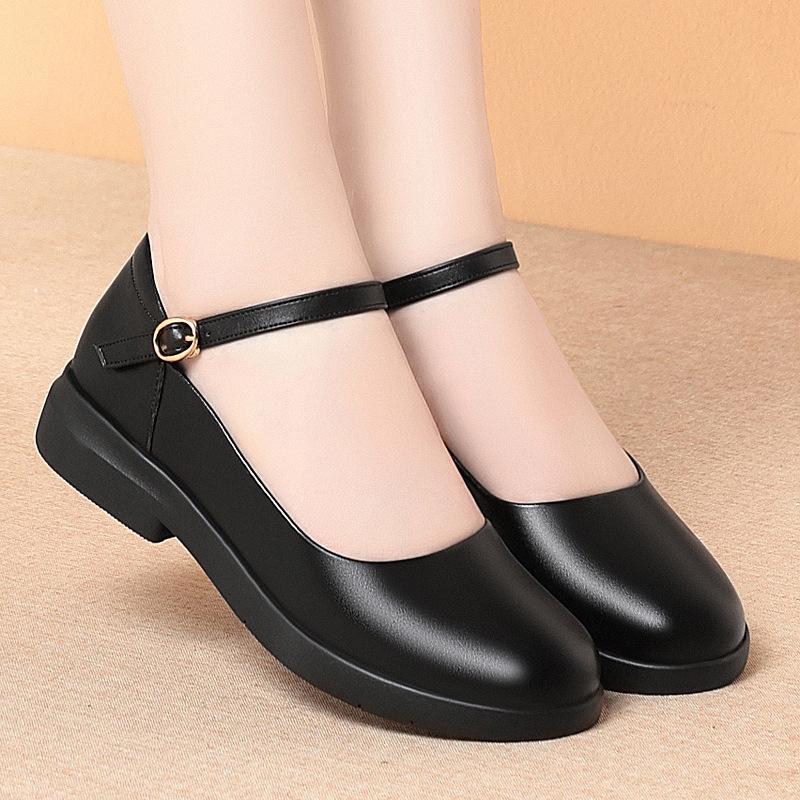 Soft-soled work shoes women's black single shoes one-word buckle strap flat-soled round head work women's leather shoes women's shoes