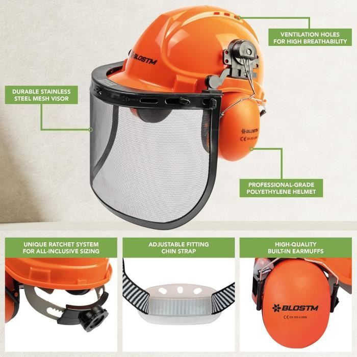 Blostm casque de sécurité pour tronçonneuse - 3 en 1 casque debroussailleuse orange avec visière en maille d'acier et cache-oreil