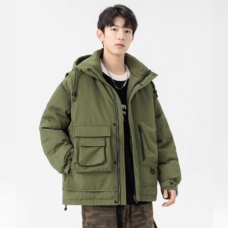 Men's Winter Faux Two-Piece Hooded Down Coat with 3D Pockets - 85% White Duck Down, Warm and Loose Fit.