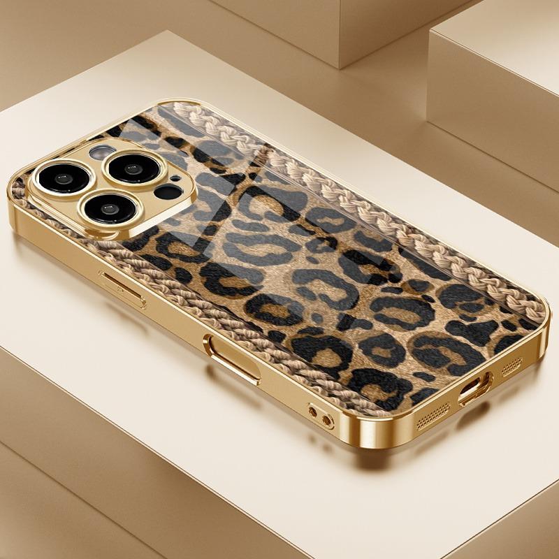 

Stylish Retro Leopard Print Gold Metal Paint Glass Phone Case For iPhone 17 16 15 14 13 12 11 Pro Max 14 Plus 17 Air 16E Cover iPhone 13 Pro