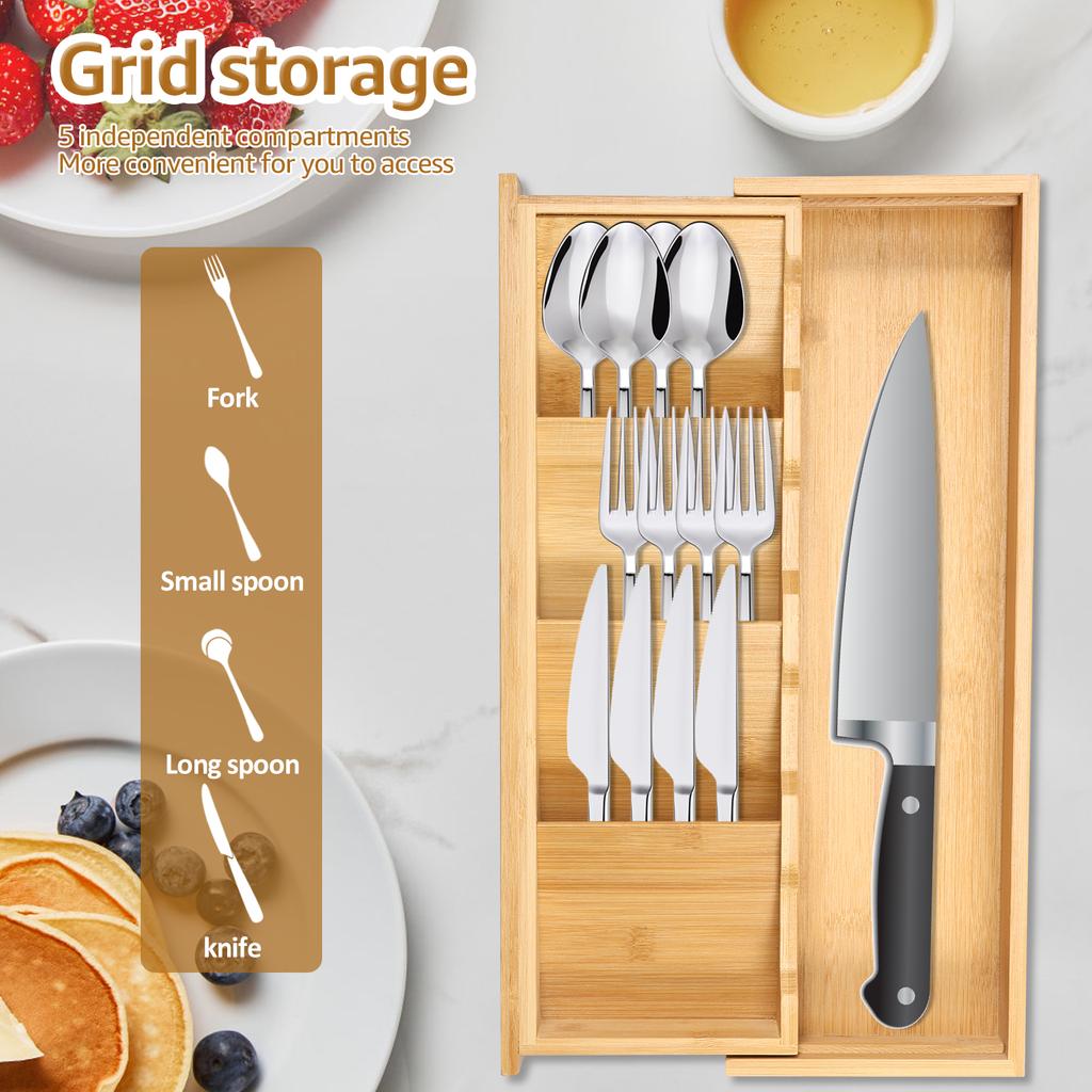 Expandable Drawer Tray Cutlery Organizer Kitchen Silverware Utensil Flatware Cutlery Spoons Knives Bamboo Storage Tray