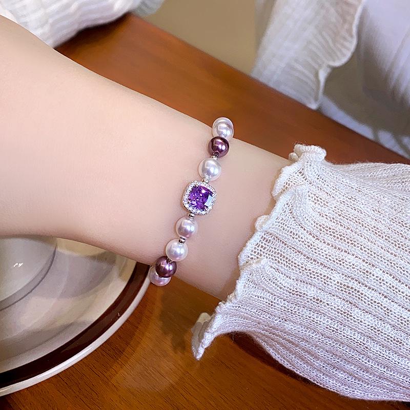 Elegant Manta Rose Purple Pearl Bracelet with Purple Cubic Zirconia - Luxury French Pull-String Design.