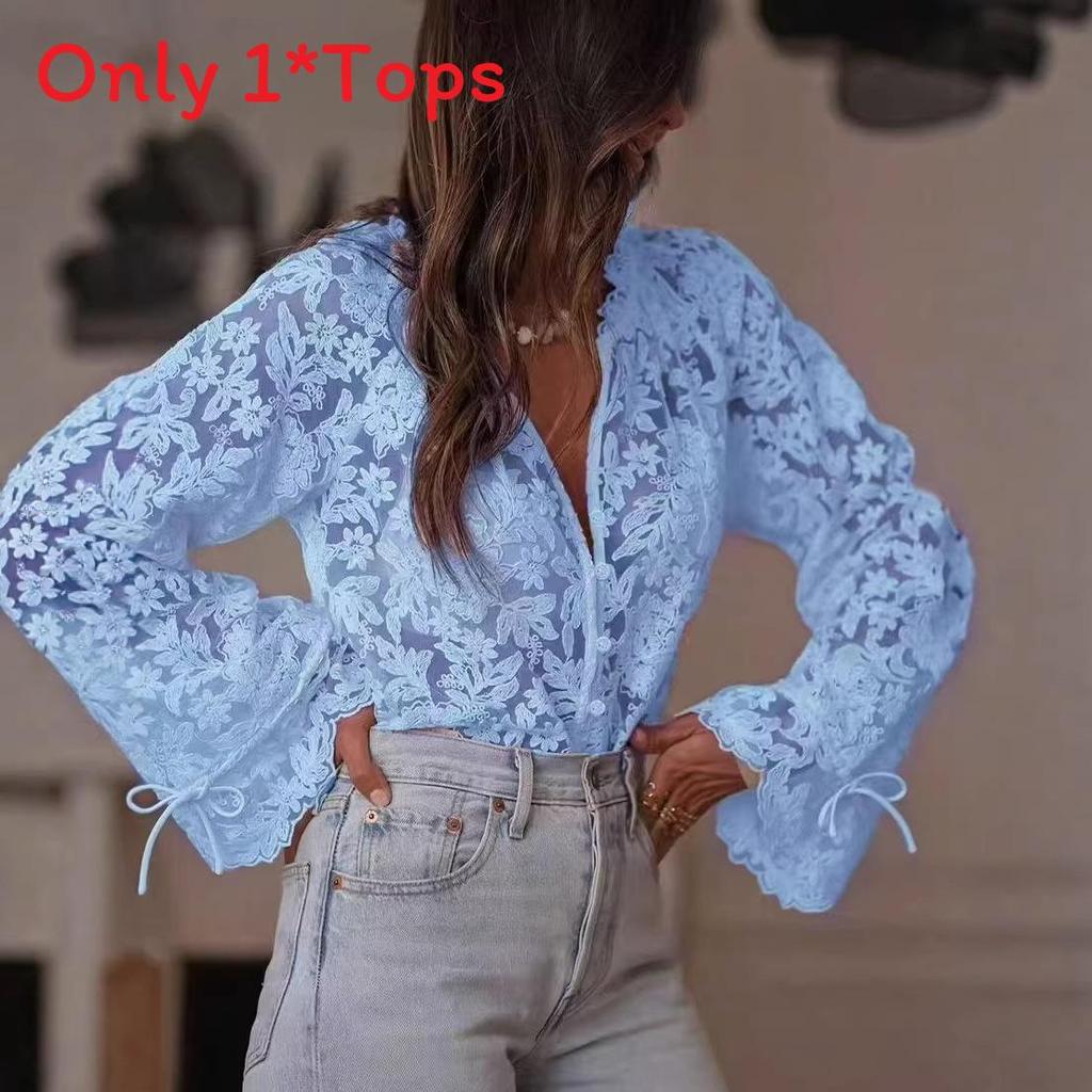 Summer Lace Shirt For Women With Long Sleeves And Round Neck In Pure Color For Street Style Fashion
