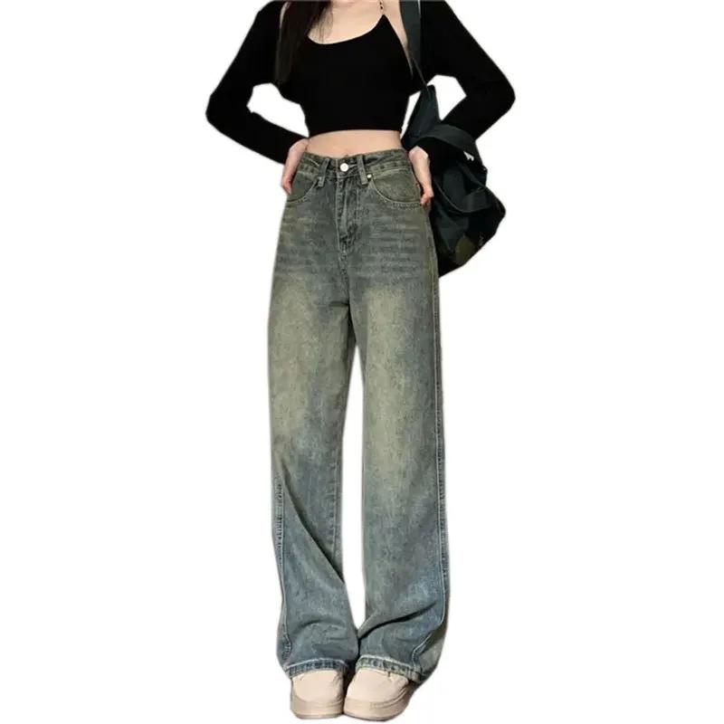 Vintage High-waisted Slimming Jeans Casual Bell Bottoms Versatile Straight-leg Long Pants for Women