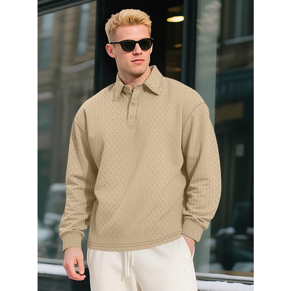 Men's Textured Jacquard Solid-Colour Button-Down Polo Shirt with Collar New Style Long-Sleeved Oversized Sweatshirt