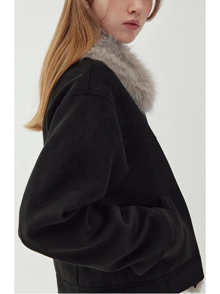 Women's Retro Suede Jacket with Detachable Fur Collar - 2025 Autumn/Winter Collection