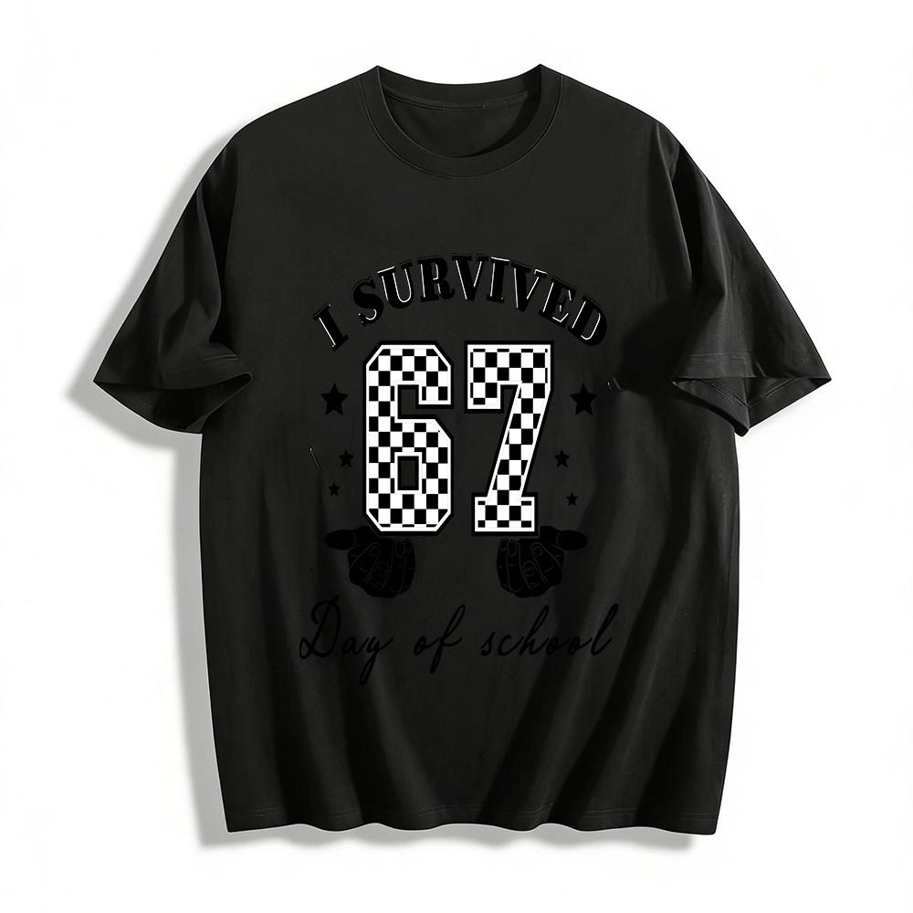 I Survived 67 Days Of School Checkered Print Graphic Tee Pure cotton T-shirt XXS