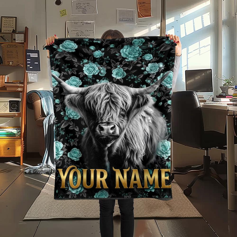 1PC Custom Name Cow Flowers Art Patterned Flannel Blanket Suitable For All Seasons for Home Decor Warmth and Comfort Gifts Holiday Present_lx