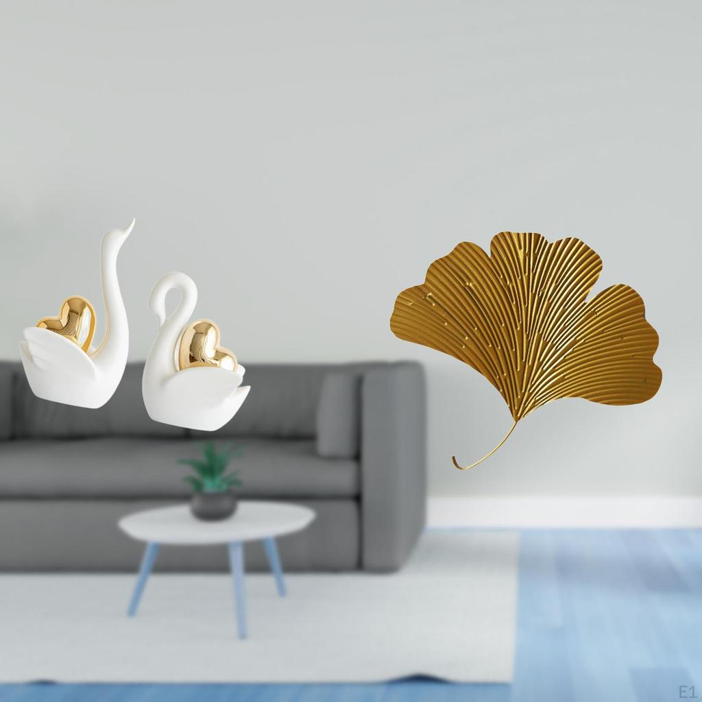 Elegant Swan Figurines And Wrought Iron Ginkgo Leaves Tabletop Ornament Art Crafts Abstract Wall