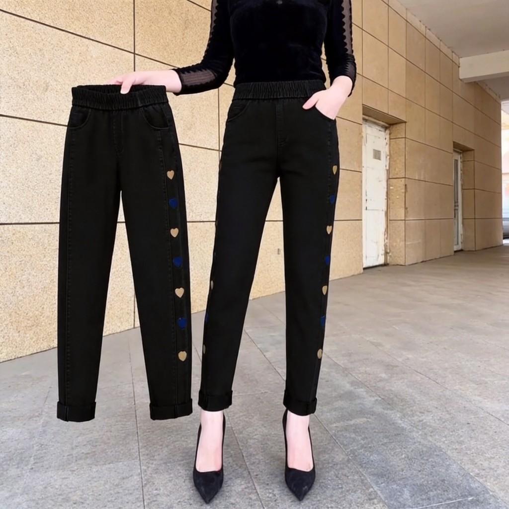 Spring Autumn High Waist Loose Fit Harem Denim Pants For Women With Heart Print
