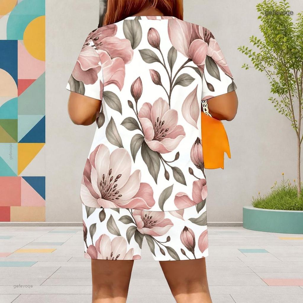 Women Plus Size White Round Neck Short Sleeve Floral Printed Top Pocket Shorts Two Piece Set