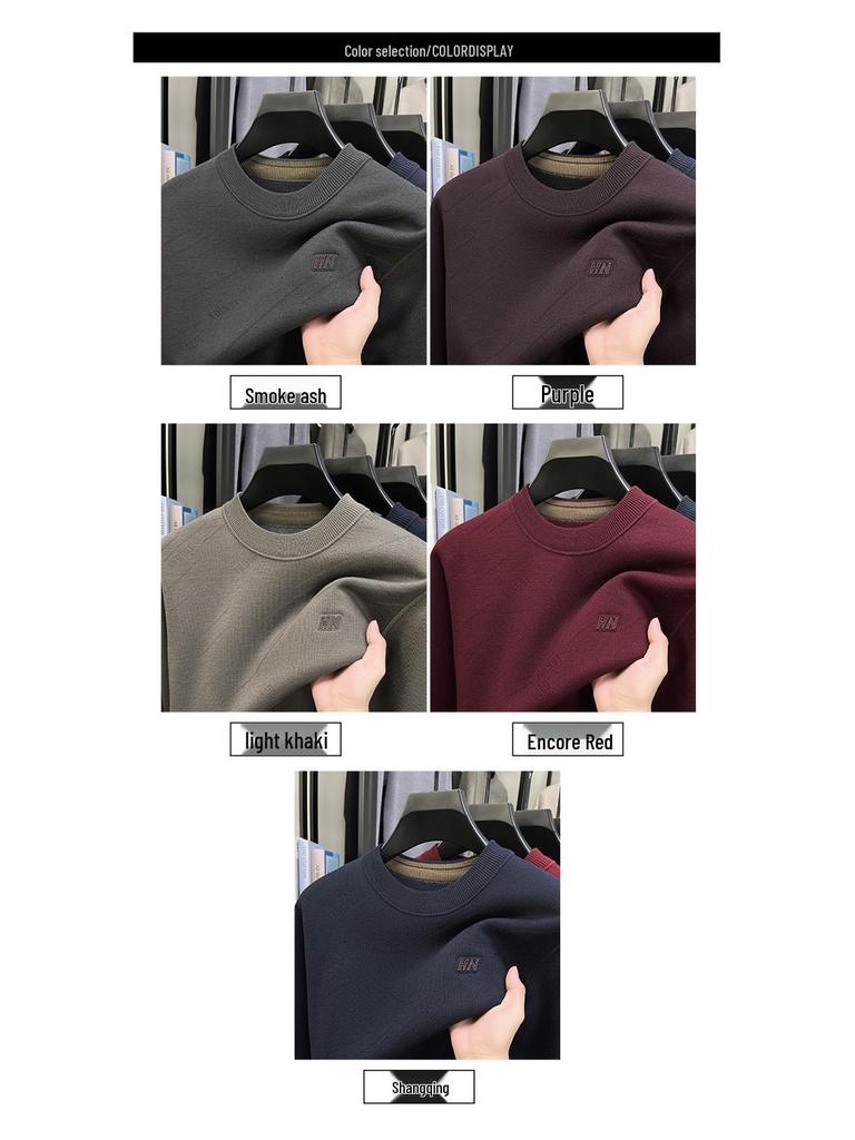 Men's Wool Knit Sweater with Fleece Lining - Thickened, Round Neck, Loose Casual Style, Warm Layer