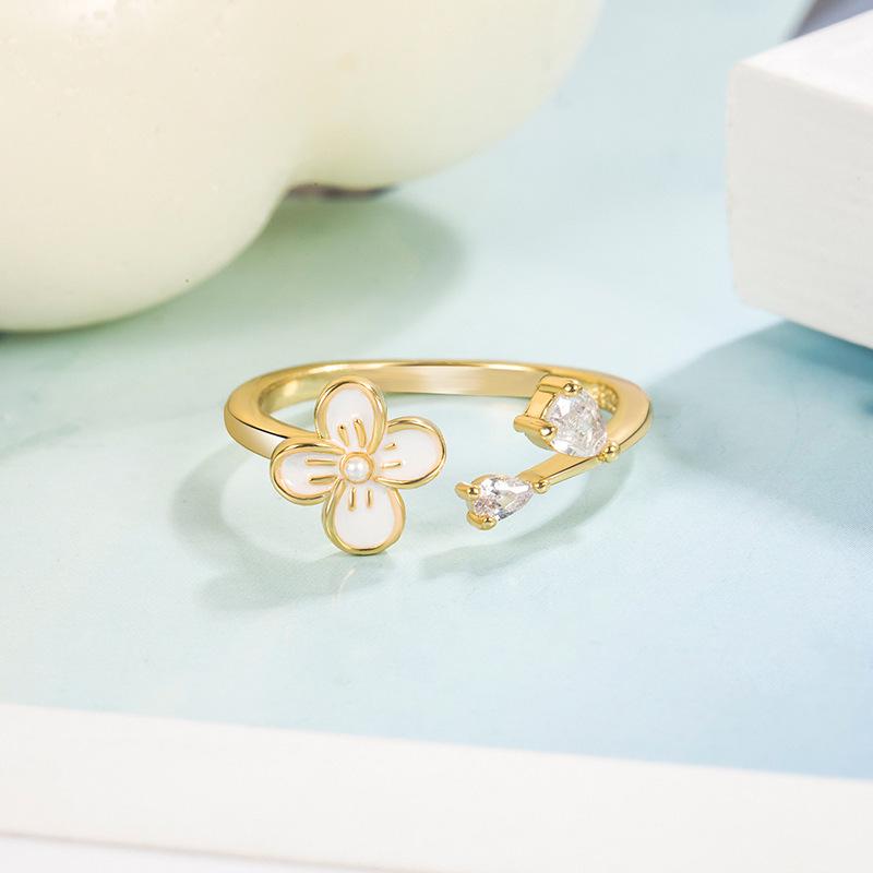 Exquisite Adjustable Pearl Zirconia Flower Ring for Women