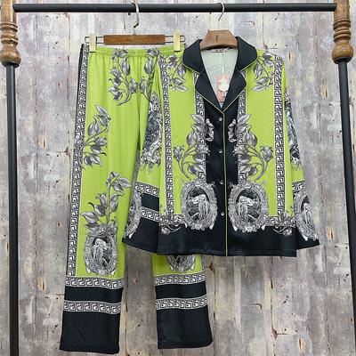 Vintage Spring Silk Satin Print Pajama Set Women's Pajamas 2 Pieces Long Sleeve Loose Luxurious Green Pajamas