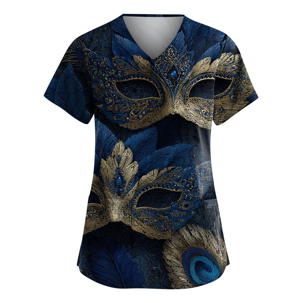 Damenmode V-Ausschnitt Kurzarm Arbeitskleidung mit Taschen Karnevals-Print Oberteil Pflegeuniform