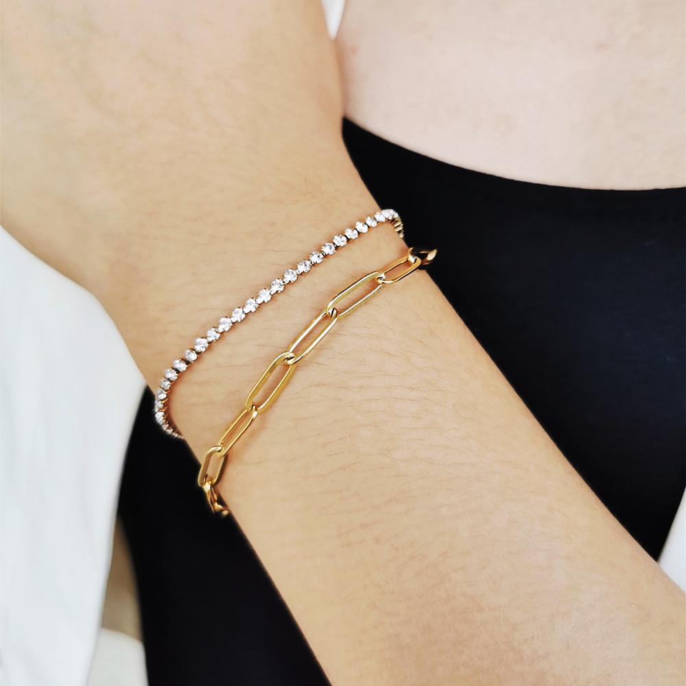 Dainty Gold Bracelets for Women,Gold Color Stainless Steel Adjustable Layered Paperclip Tennis Chain Bracelet Cute Jewelry