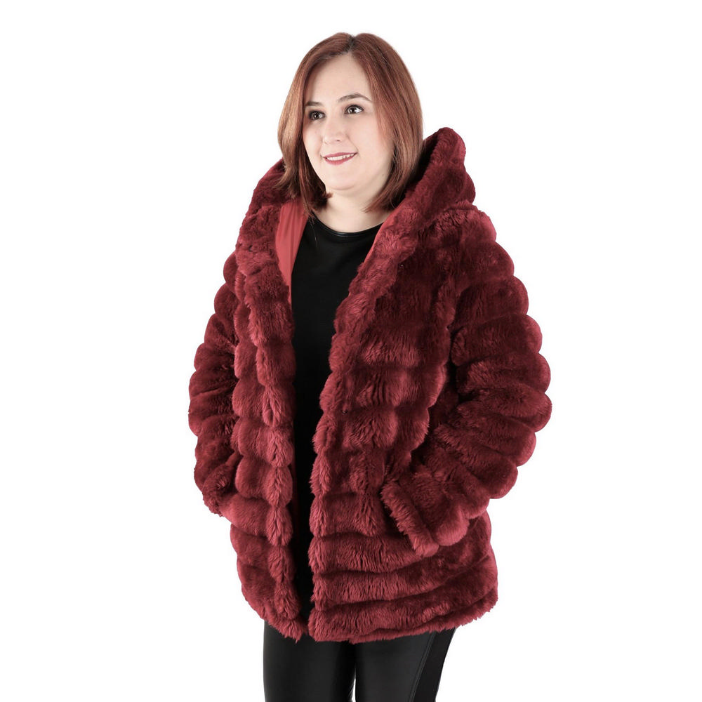 

Женское пальто больших размеров Fierte Ynts2025 Фиксированная застежка на капюшон Подкладка Теплый карман Искусственный мех Бордовый Красный Черный XL бордовый