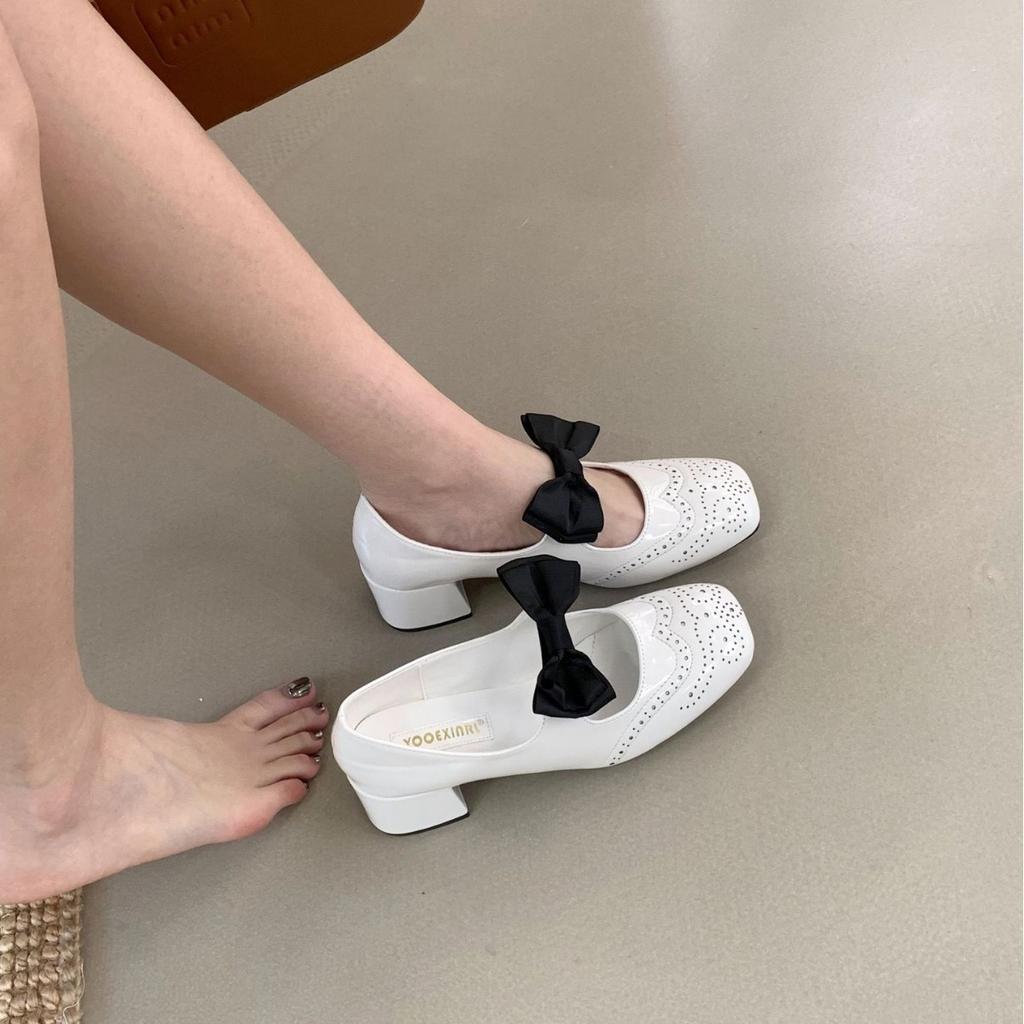 2025 spring new round head one-word bow buckle thick high heel shallow mouth versatile Mary Jane commuter work women's shoes