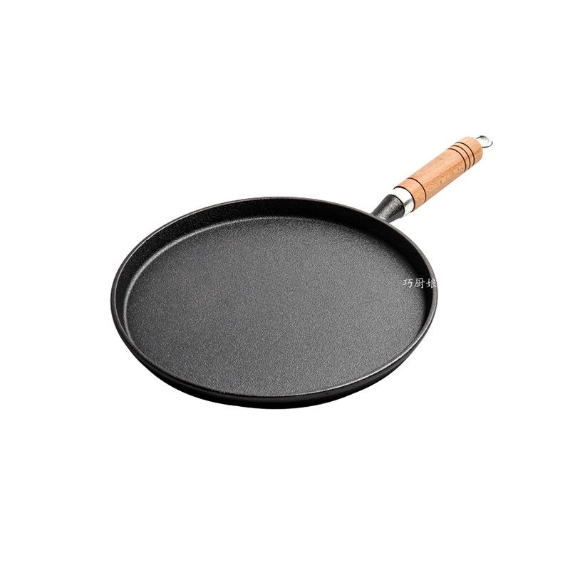 

Товста чавунна сковорода-вок з пласким дном і дерев яною ручкою, антипригарна сковорода для млинців та цзяньбін, без покриття