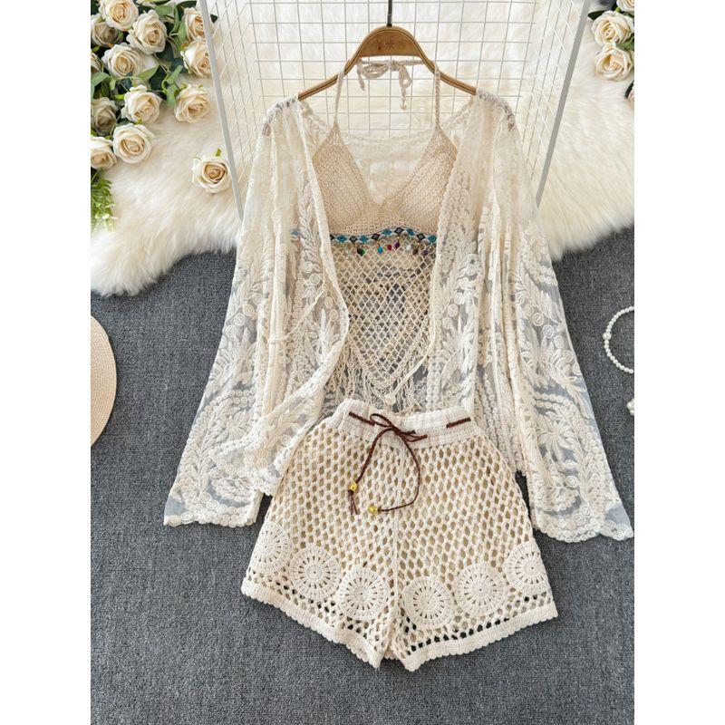 Vacation Style Embroider Cardigan Tassel Halter Cut-out Lace