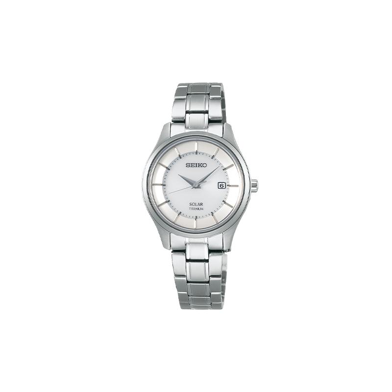 

SEIKO COLLECTION Series Life Enhanced Waterproof Date Display Solar Solar Quartz Titanium Strap Women s Watch White Dial STPX041