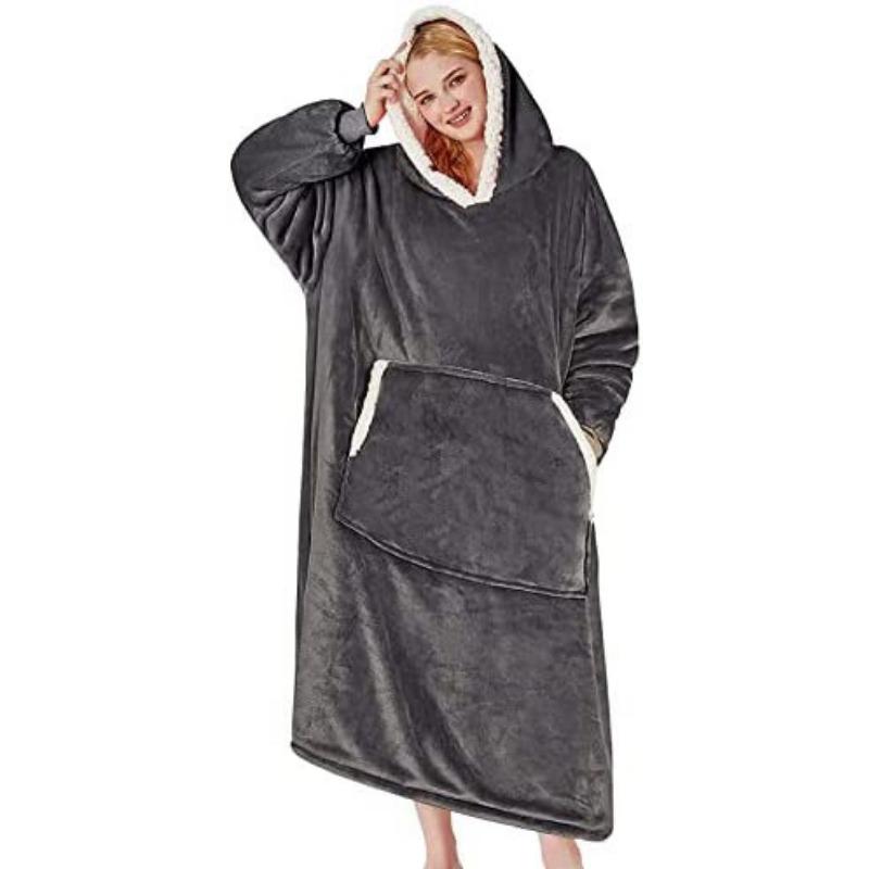 Herbst und Winter Plus Lange Verdickte Faule Decke zum Warmhalten und Kälteschutz Kapuzen-TV-Decke Flanell Lammwolle Nachthemd