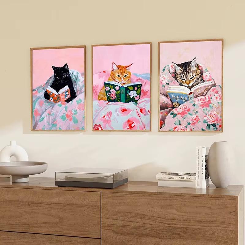 Funny Tabby Cat Reading Books Art Poster Vintage Cute Animals Wall Canvas Painting Book Lover Pet Gift Decoration Pictures Print
